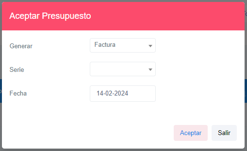 Ventana de aceptar presupuesto