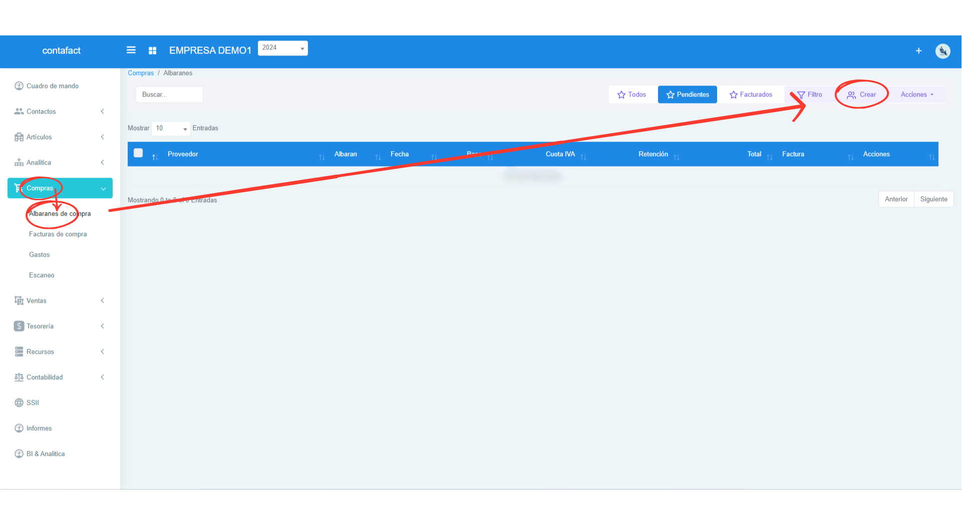 Crear albarán de compra desde el menú lateral
