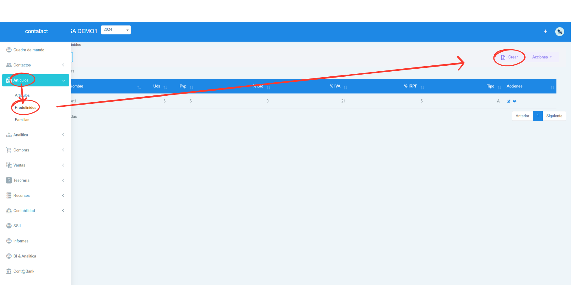 Señalización gráfica de como crear un artículo predefinido