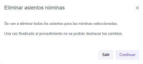 Ventana de Eliminar Asientos de Nóminas.