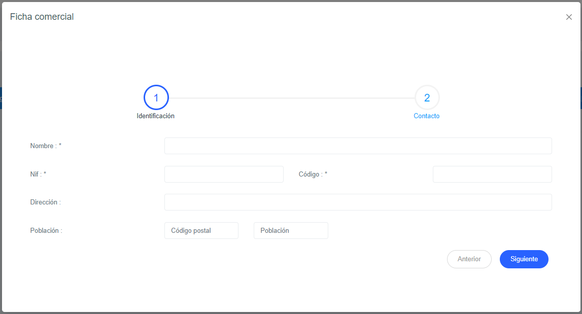 Paso 1 de la ficha Comercial.