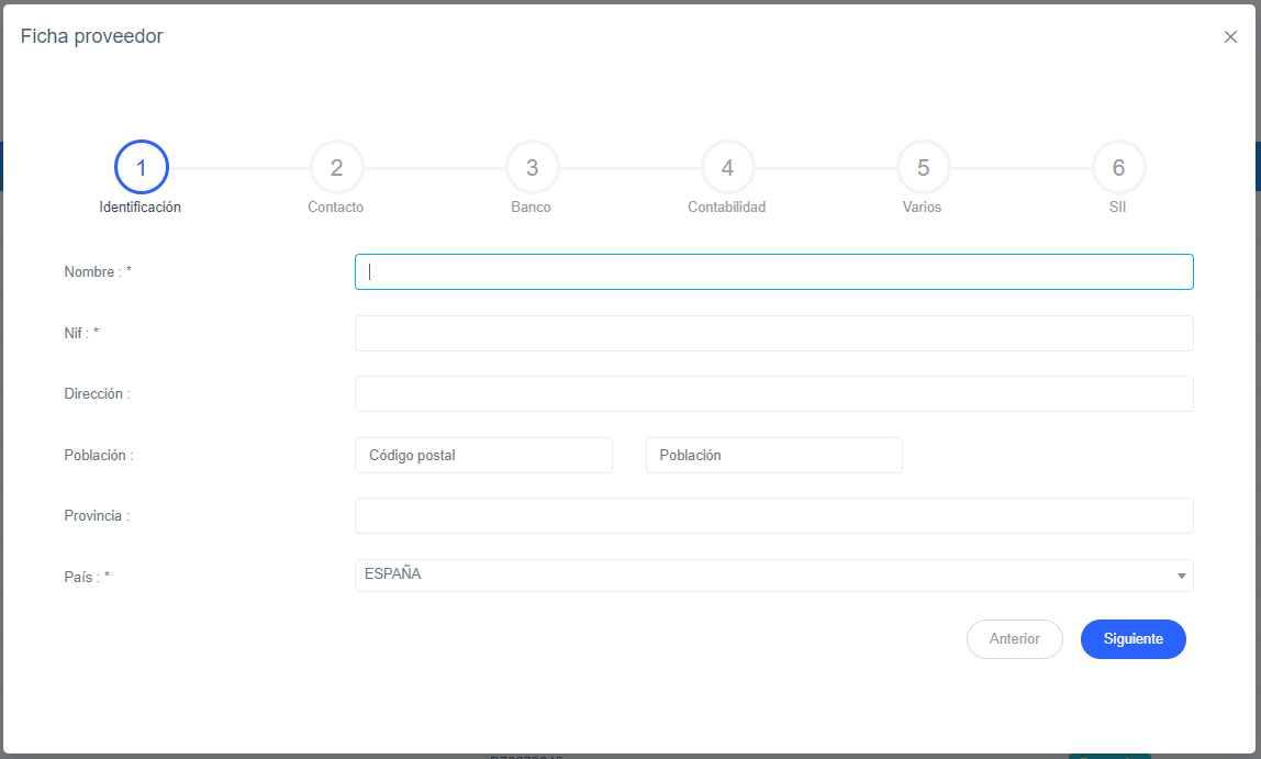 Paso 1 de la ficha de Proveedor
