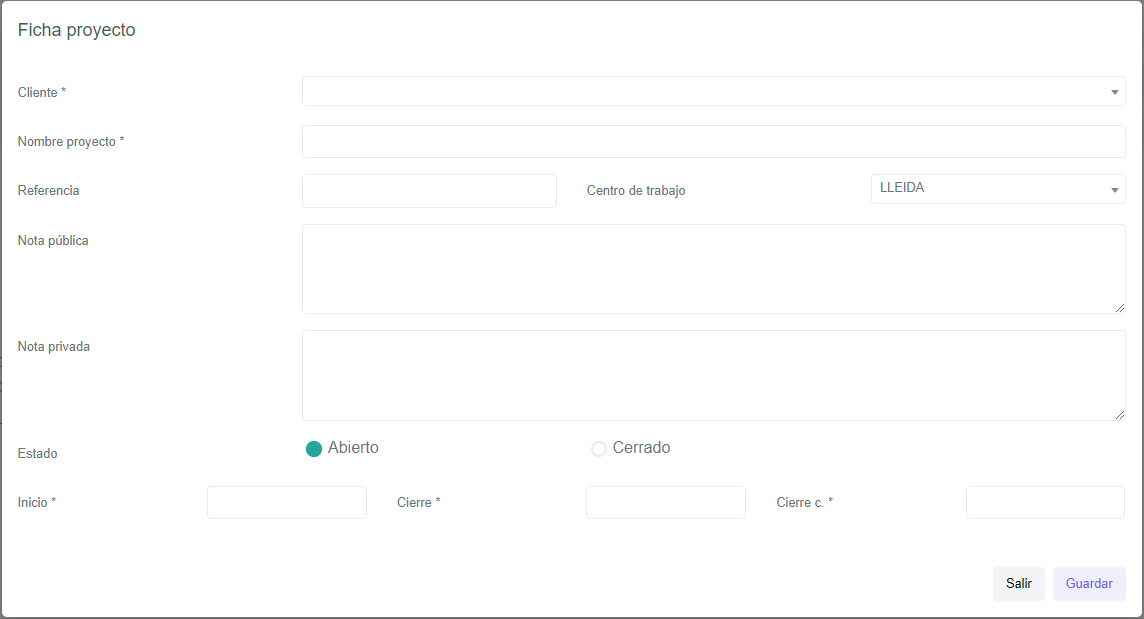 Ventana de creación de un proyecto