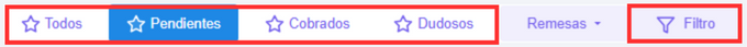 Filtros: Todos, Pendientes, Cobrados, Dudosos y Filtro.
