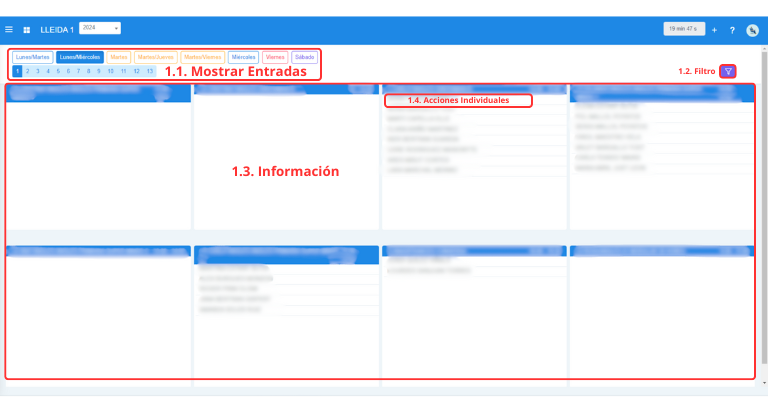 Señalización gráfica de las partes más importantes de la pantalla Agenda.