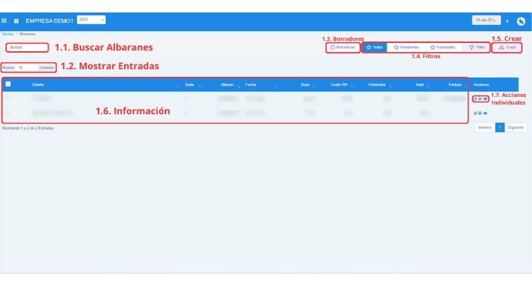 Señalización gráfica de las partes más importantes de la pantalla Albaranes de Venta.