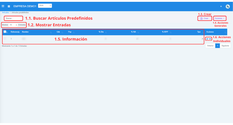 Señalización gráfica de las partes más importantes de la pantalla Artículos Predefinidos.