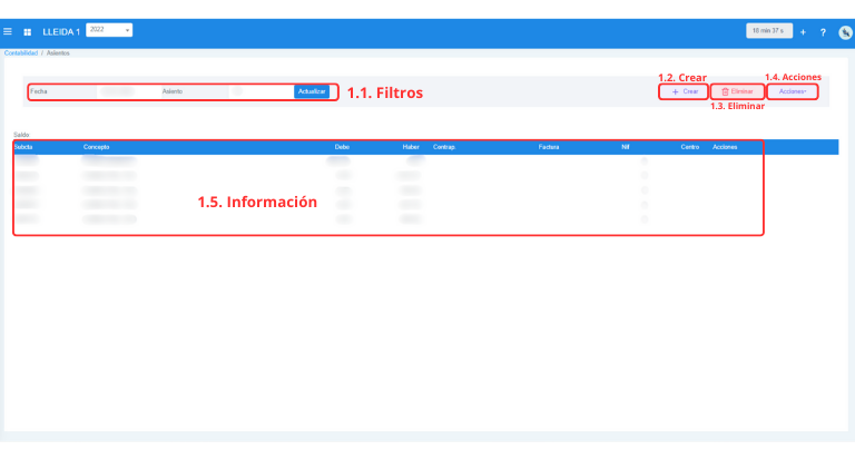Señalización gráfica de las partes más importantes de la pantalla Asientos.