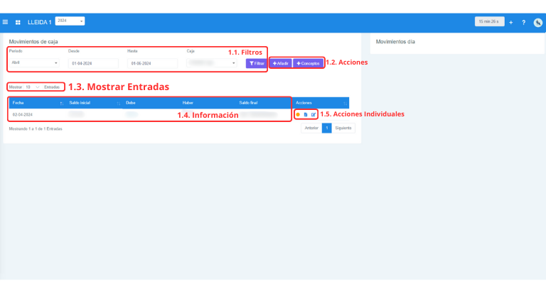 Señalización gráfica de las partes más importantes de la pantalla Caja.