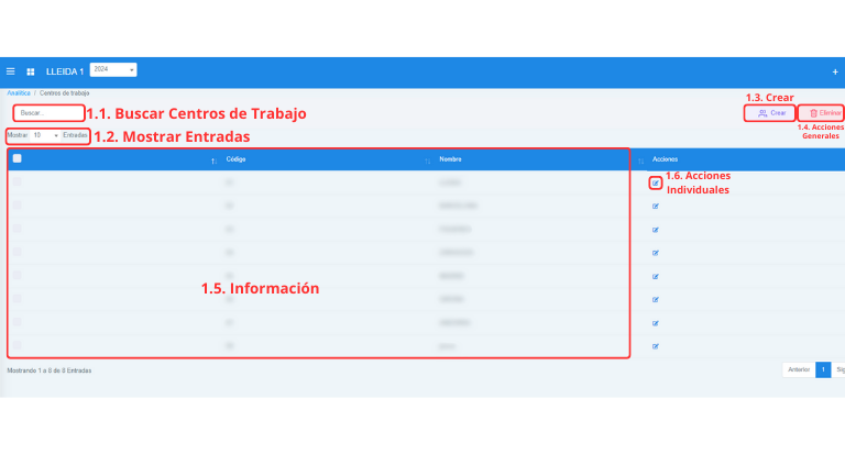 Señalización gráfica de las partes más importantes de la pantalla Centros de Trabajo.