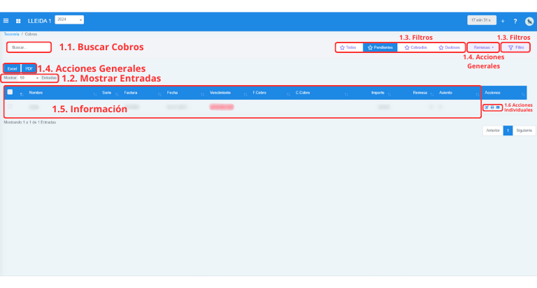 Señalización gráfica de las partes más importantes de la pantalla Cobros.