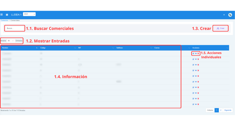 Señalización gráfica de las partes más importantes de la pantalla Comerciales.