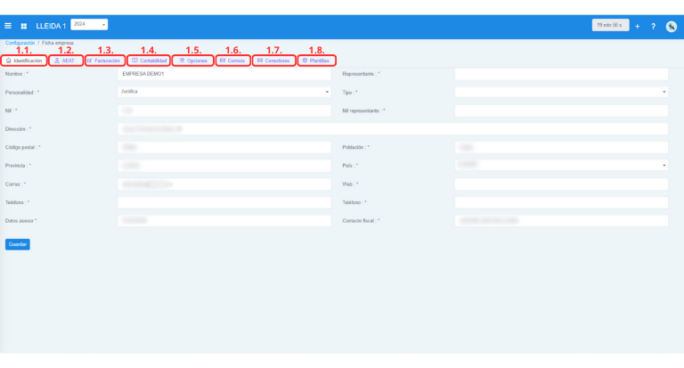 Señalización gráfica de las partes más importantes de la pantalla Configuración.