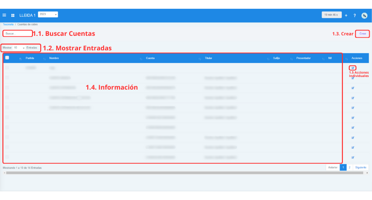 Señalización gráfica de las partes más importantes de la pantalla Cuentas de Cobro.