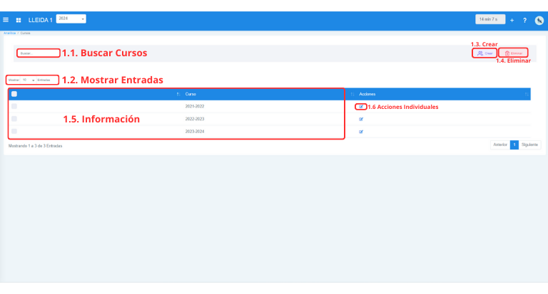 Señalización gráfica de las partes más importantes de la pantalla Cursos.
