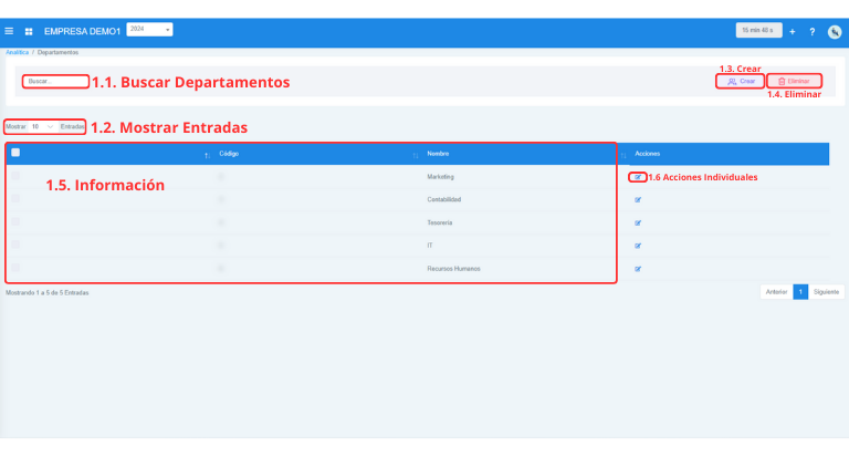 Señalización gráfica de las partes más importantes de la pantalla Departamentos.