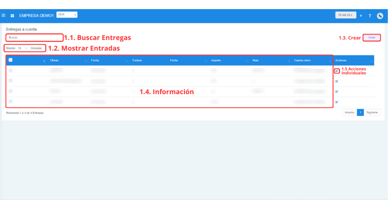 Señalización gráfica de las partes más importantes de la pantalla Entregas a Cuenta.
