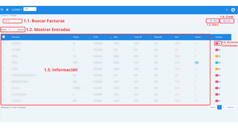 Señalización gráfica de las partes más importantes de la pantalla Facturas de Compra.