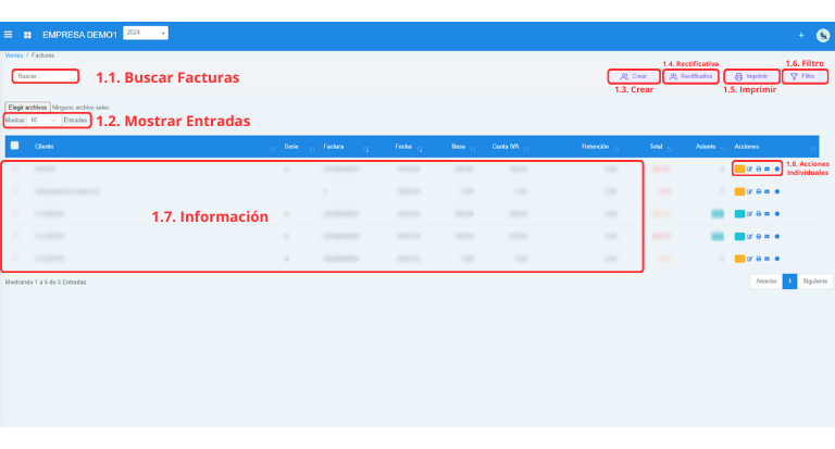 Señalización gráfica de las partes más importantes de la pantalla Facturas de Venta.