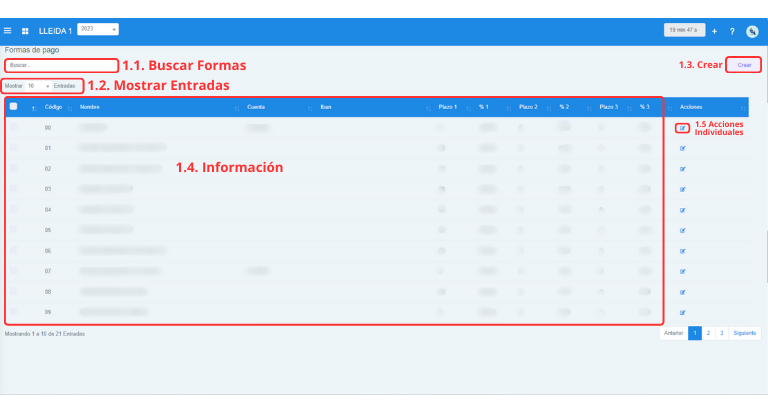 Señalización gráfica de las partes más importantes de la pantalla Formas de Pago.
