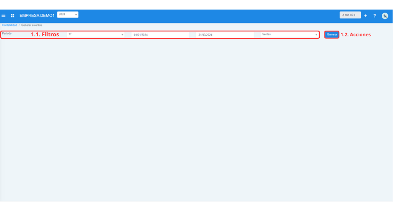 Señalización gráfica de las partes más importantes de la pantalla Generar Asientos.