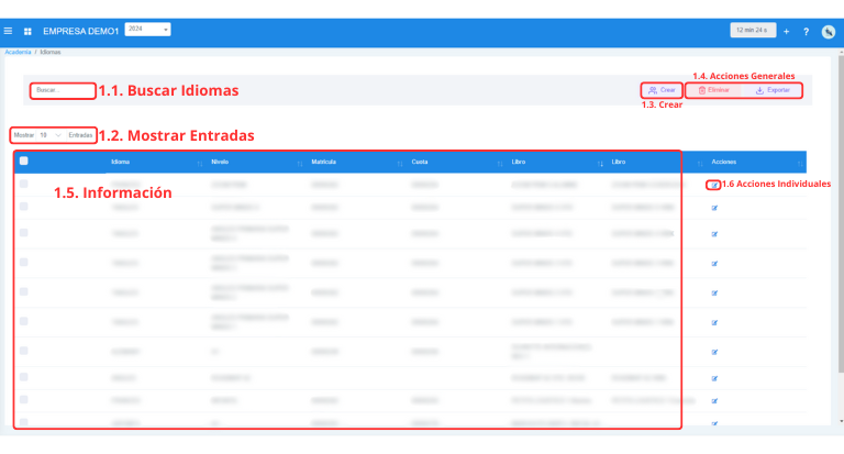 Señalización gráfica de las partes más importantes de la pantalla Idiomas.