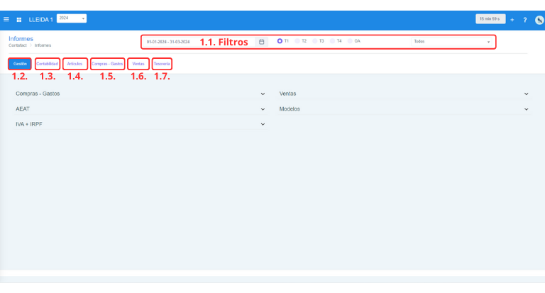 Señalización gráfica de las partes más importantes de la pantalla Informes.