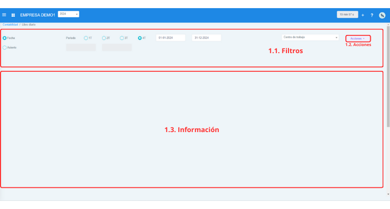 Señalización gráfica de las partes más importantes de la pantalla Libro Diario.
