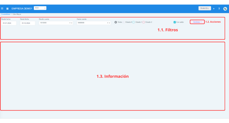 Señalización gráfica de las partes más importantes de la pantalla Libro Mayor.