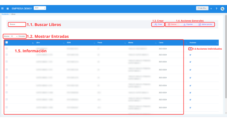 Señalización gráfica de las partes más importantes de la pantalla Libros.