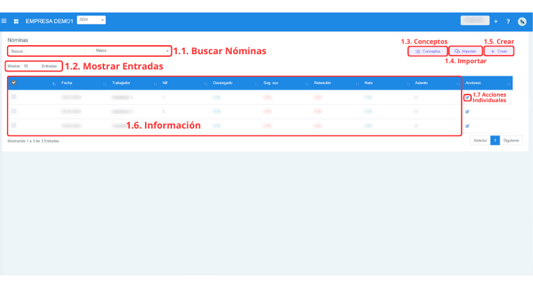 Señalización gráfica de las partes más importantes de la pantalla Nóminas.