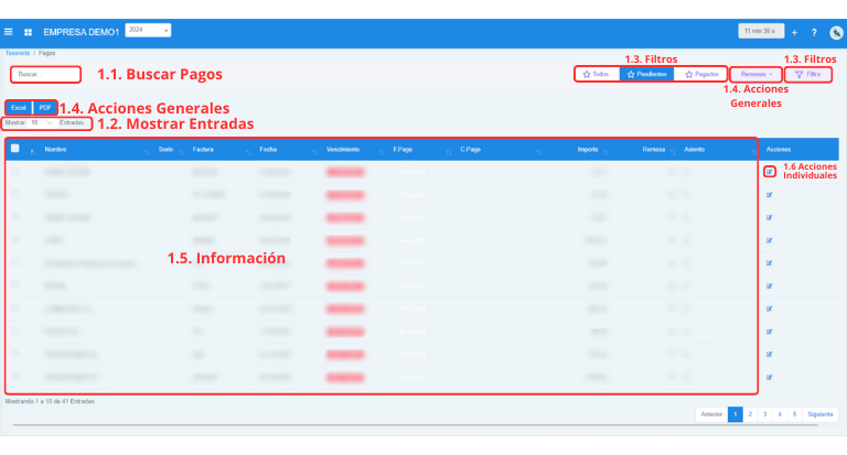 Señalización gráfica de las partes más importantes de la pantalla Pagos.