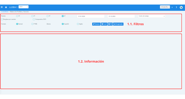 Señalización gráfica de las partes más importantes de la pantalla Pérdidas y Ganancias.