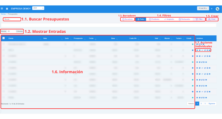 Señalización gráfica de las partes más importantes de la pantalla Proyectos.