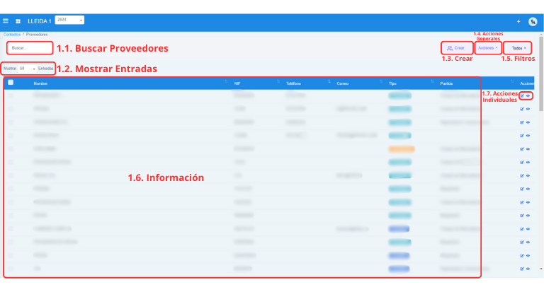 Señalización gráfica de las partes más importantes de la pantalla Proveedores.