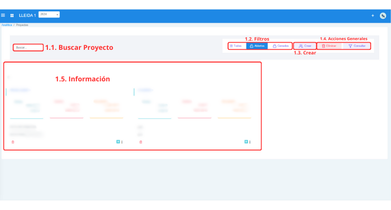 Señalización gráfica de las partes más importantes de la pantalla Proyectos.