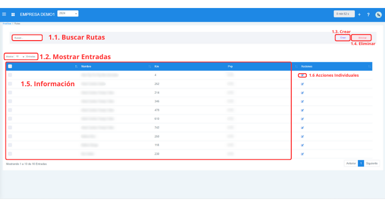 Señalización gráfica de las partes más importantes de la pantalla Rutas.