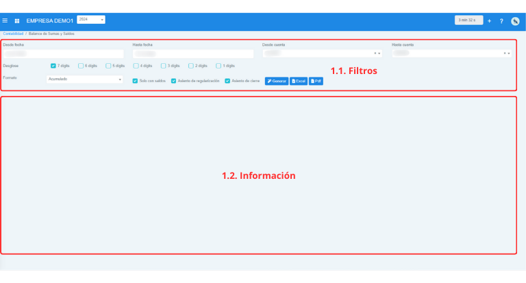 Señalización gráfica de las partes más importantes de la pantalla Sumas y Saldos.