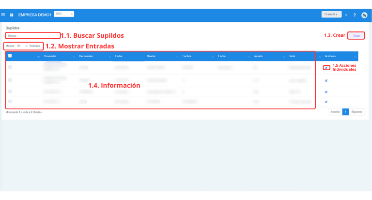 Señalización gráfica de las partes más importantes de la pantalla Suplidos.