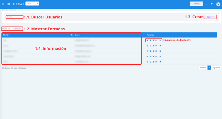 Señalización gráfica de las partes más importantes de la pantalla Usuarios.