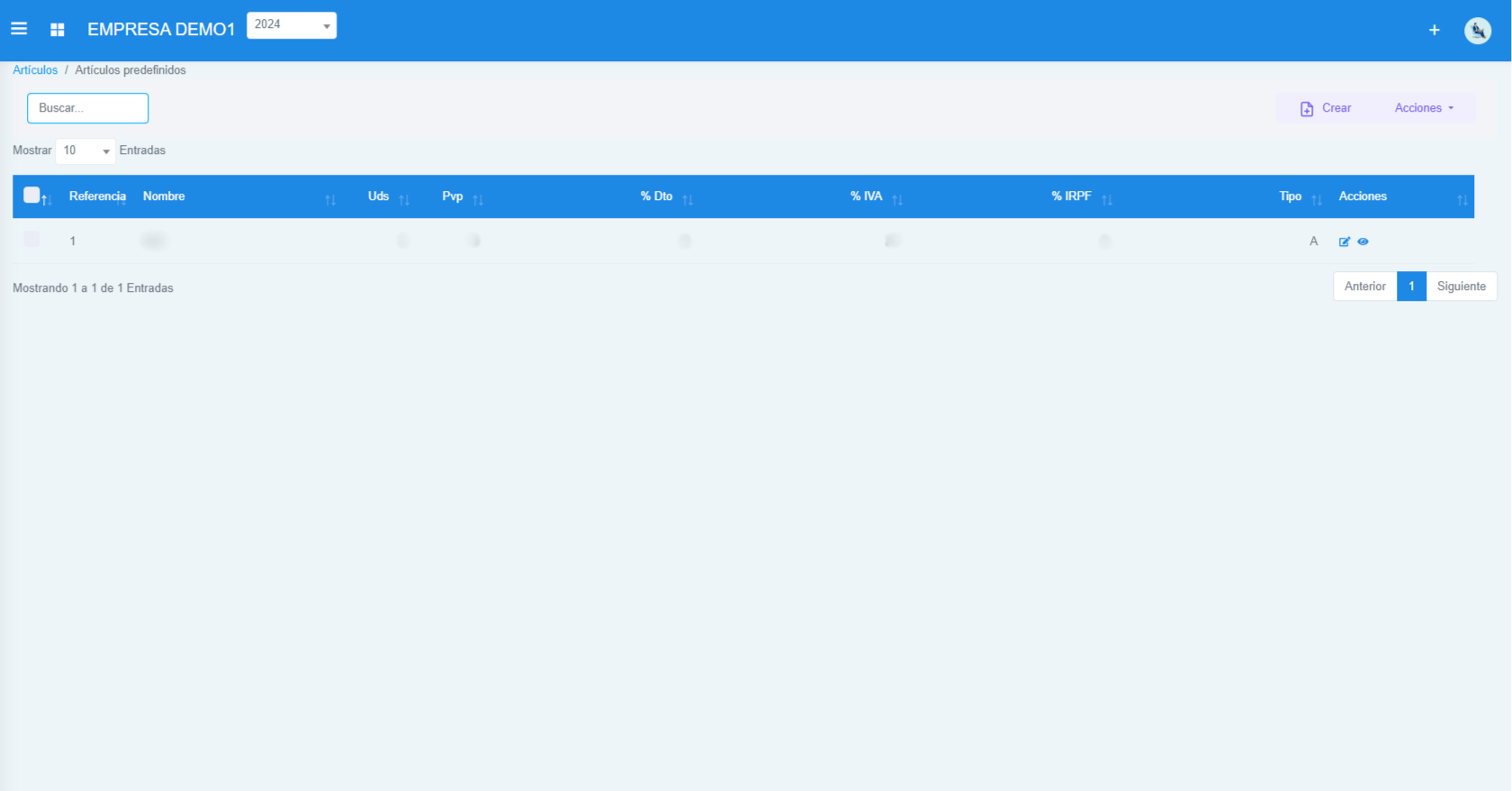 Información Artículos Predefinidos