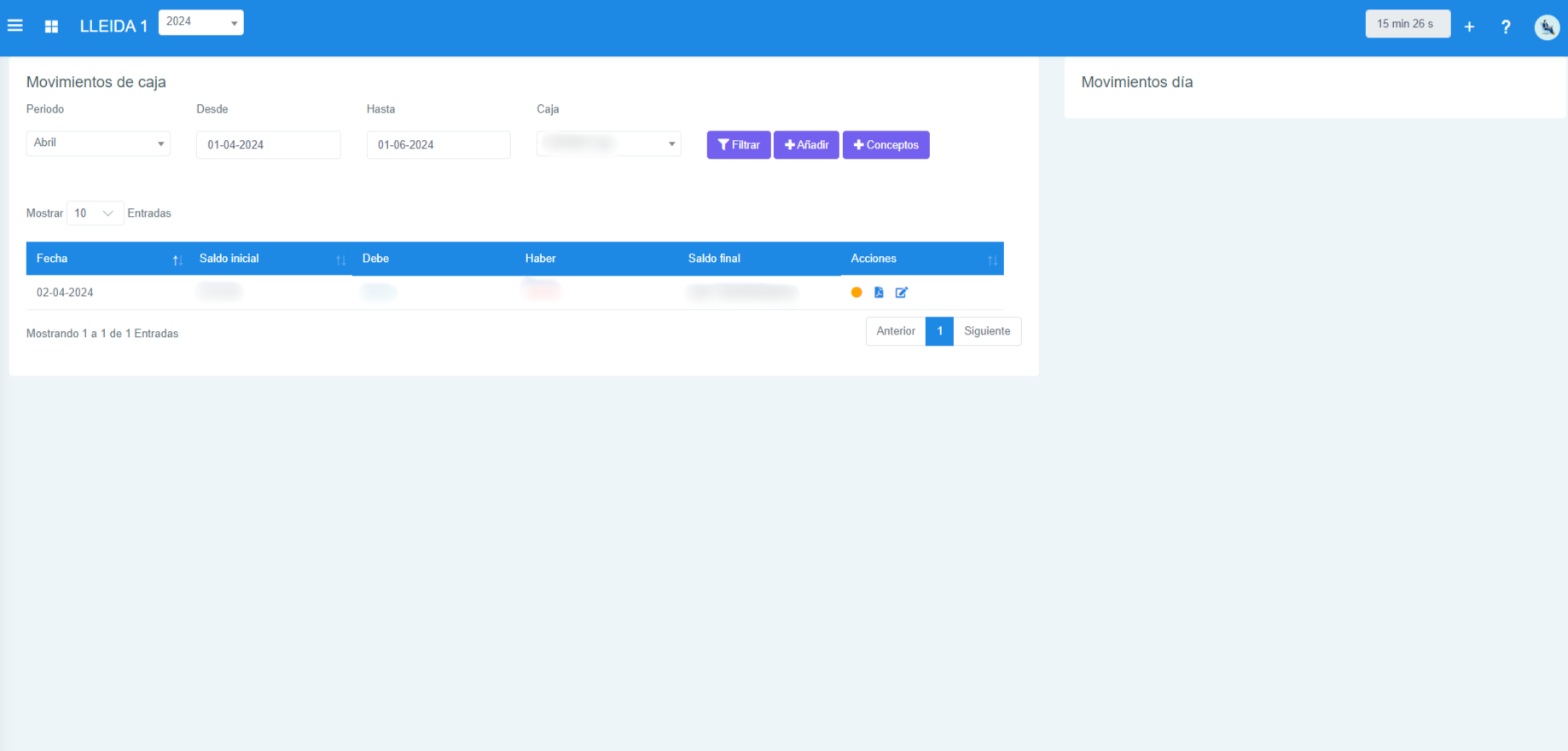 Información sobre los movimientos.