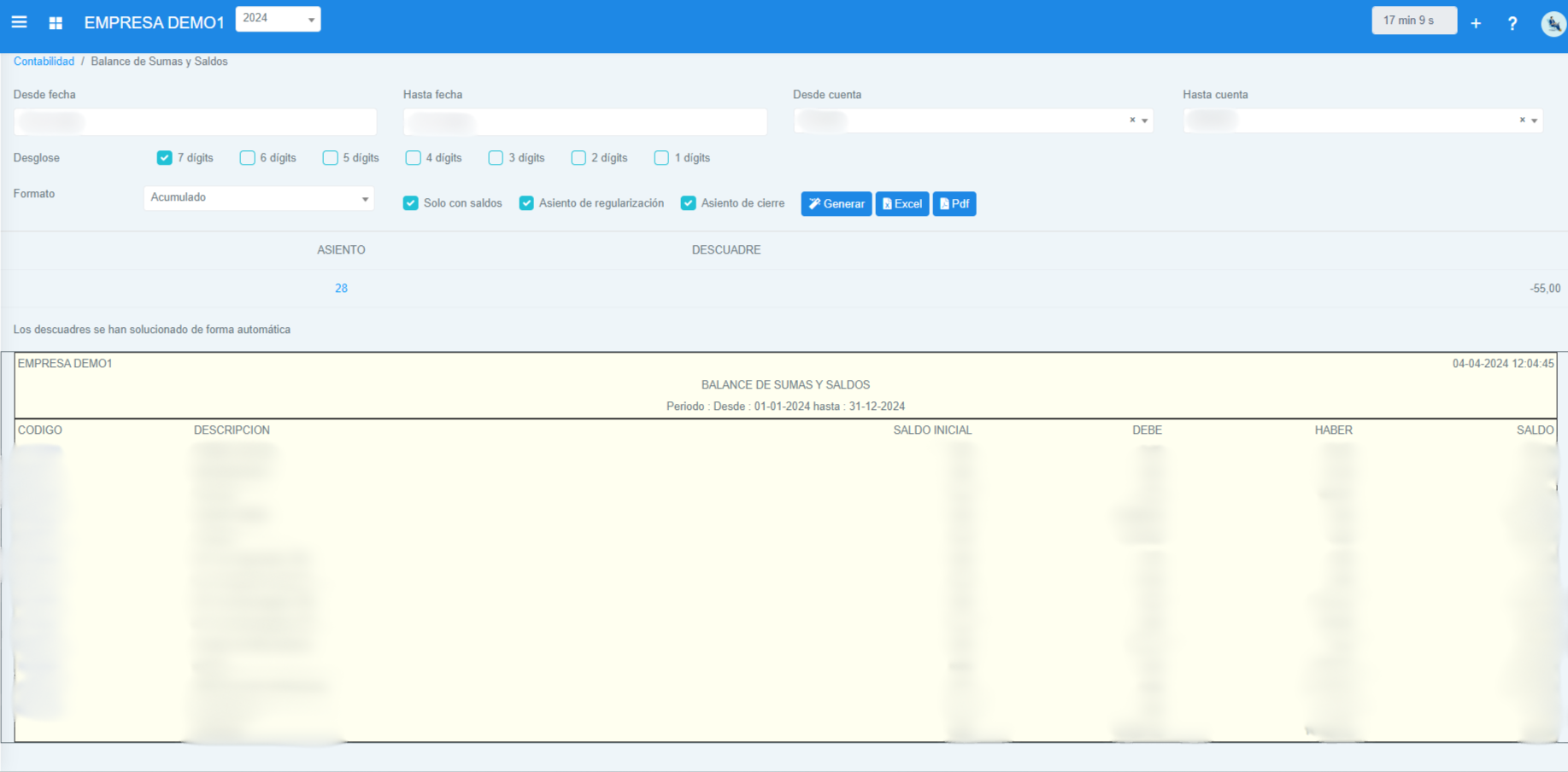 Información sobre los balances.