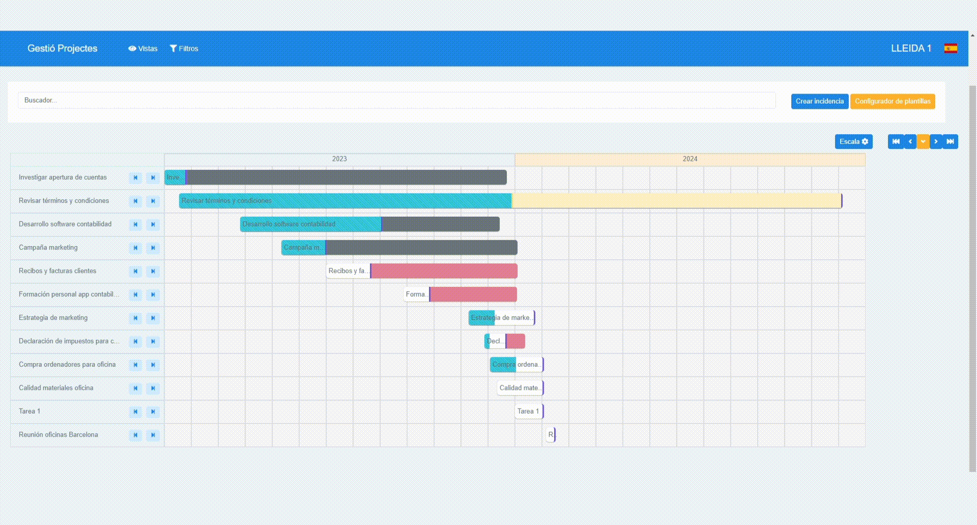GIF Botones de escala y navegación en el diagrama de Gantt.
