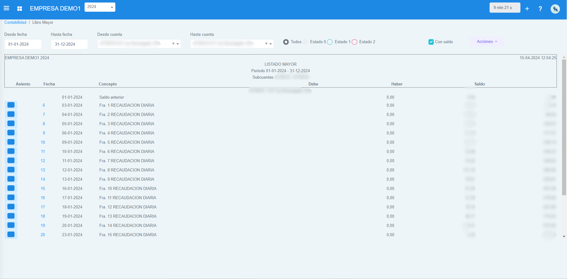 Información sobre el libro mayor.