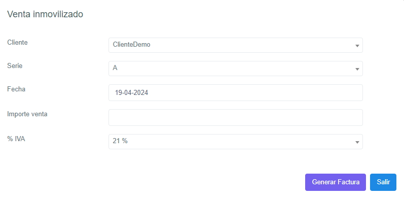 Ventana para crear una venta inmovilizado.