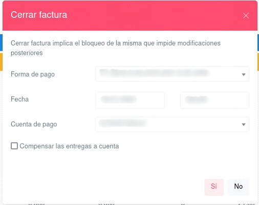 Ventana cerrar factura